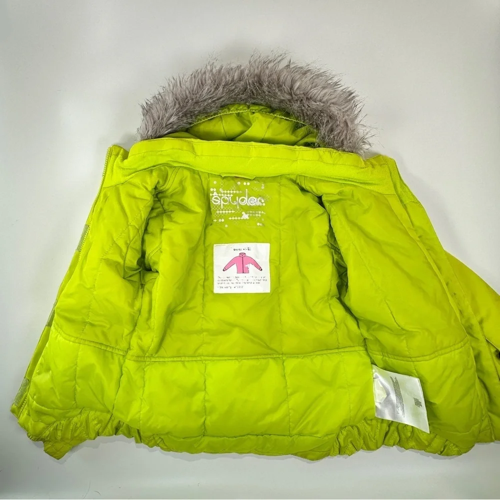 Spyder girls Bitsy Lola ski jacket insulated faux fur hood neon green size 5